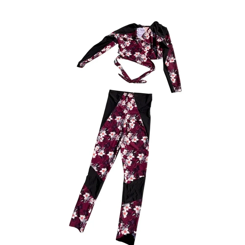 Zinke Anthropologie Floral Rash Guard Set Wrap Crop Top Swim Leggings Burgundy